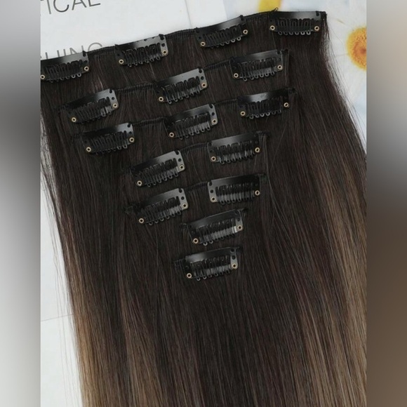 CLIP IN HAIR EXTENSIONS BALAYAGE BLONDE DARK ROOTS 22 in Straight hair - Picture 5 of 8